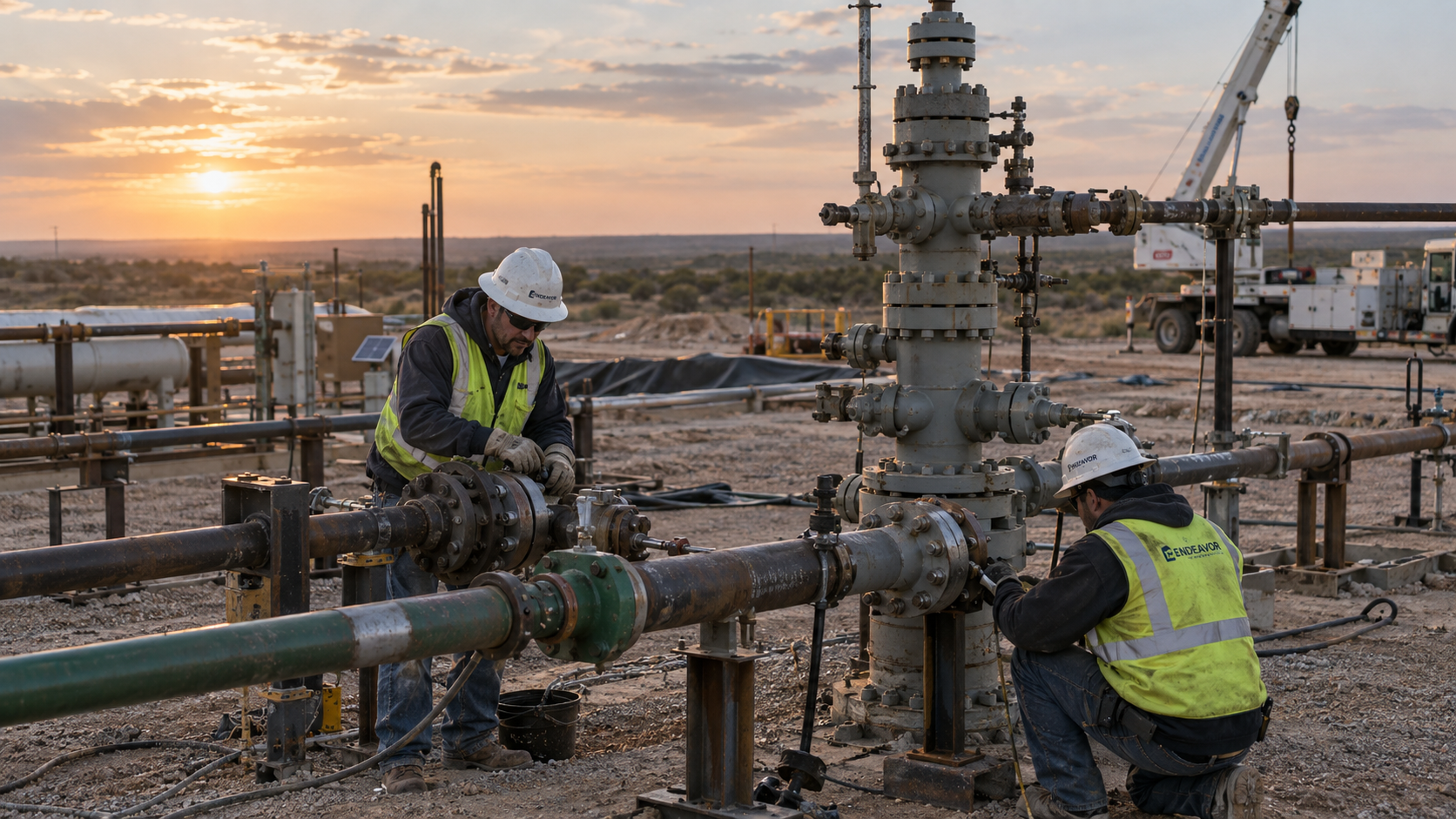 Endeavor field professionals working on a natural gas well hookup