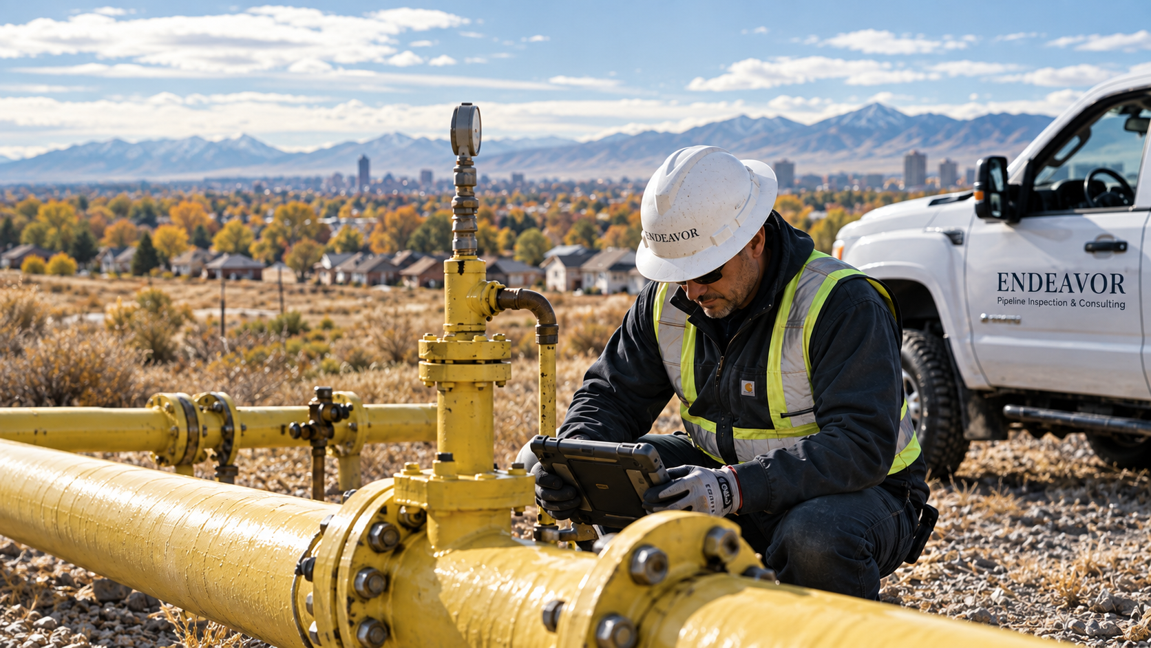 Endeavor inspector reviewing an above-ground natural gas pipeline assembly